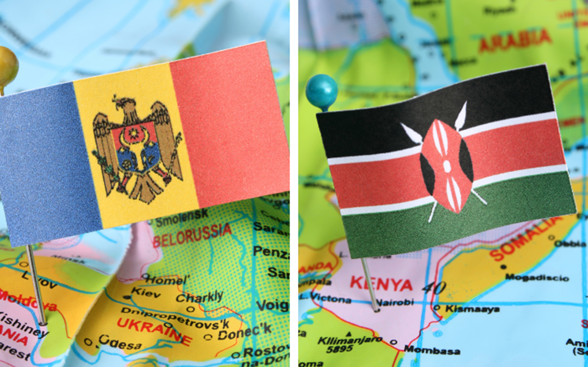 A split image of the Romanian flag on the left-hand side and the Kenya flag on the right