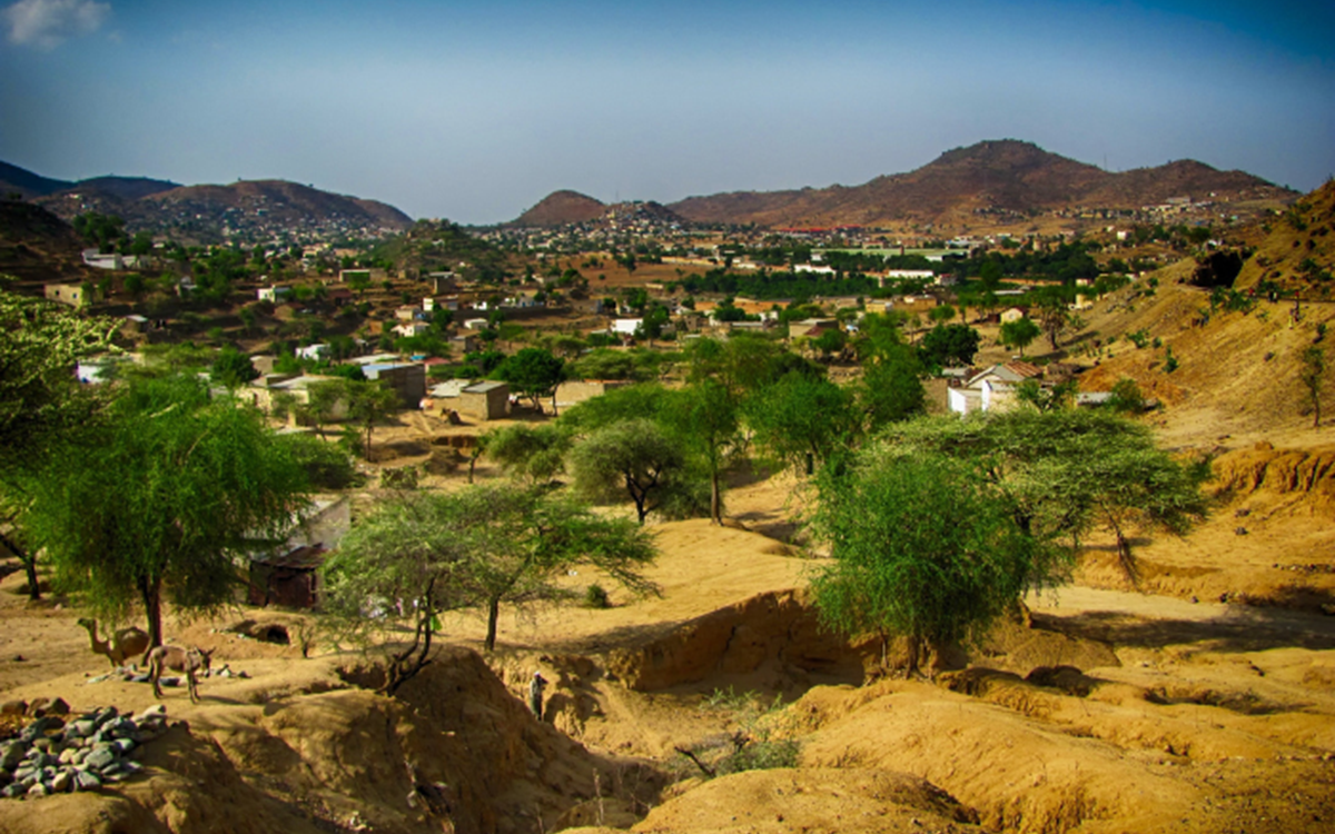 A picture of a landscape in the African country of Eritrea with sand, trees and scattered buildings