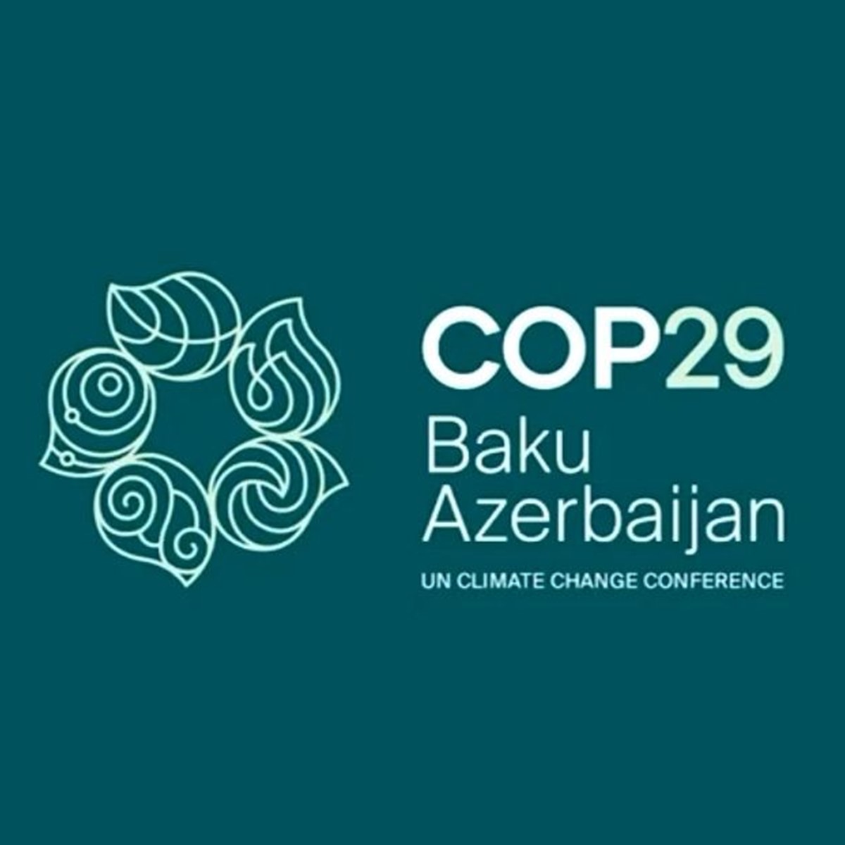White COP29 text and logo on a dark green background