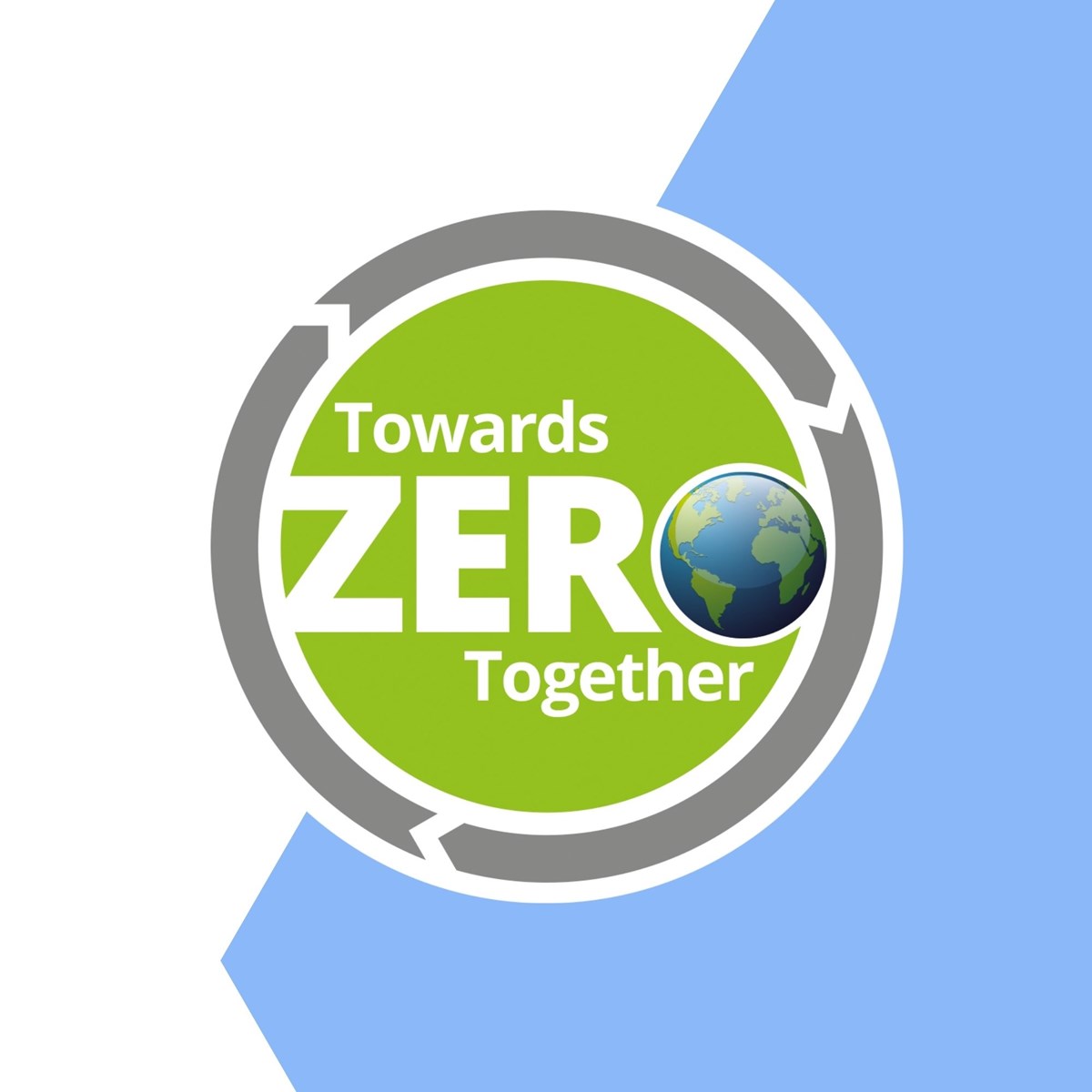 White text on a green and grey circle on a blue and white background