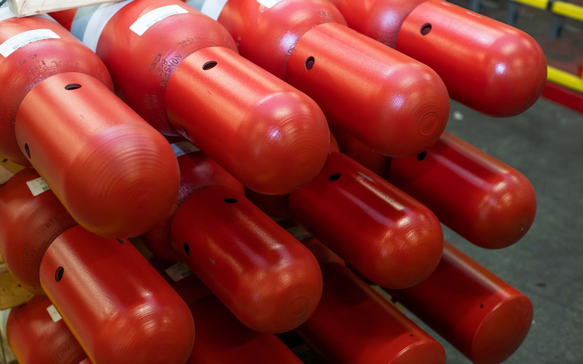 The end of fire extinguishers captured in a close up