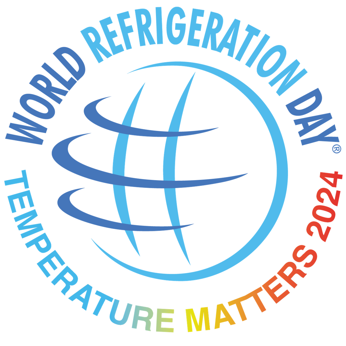 The World Refrigeration Day logo in blue and multi-coloured text on a pixelated background