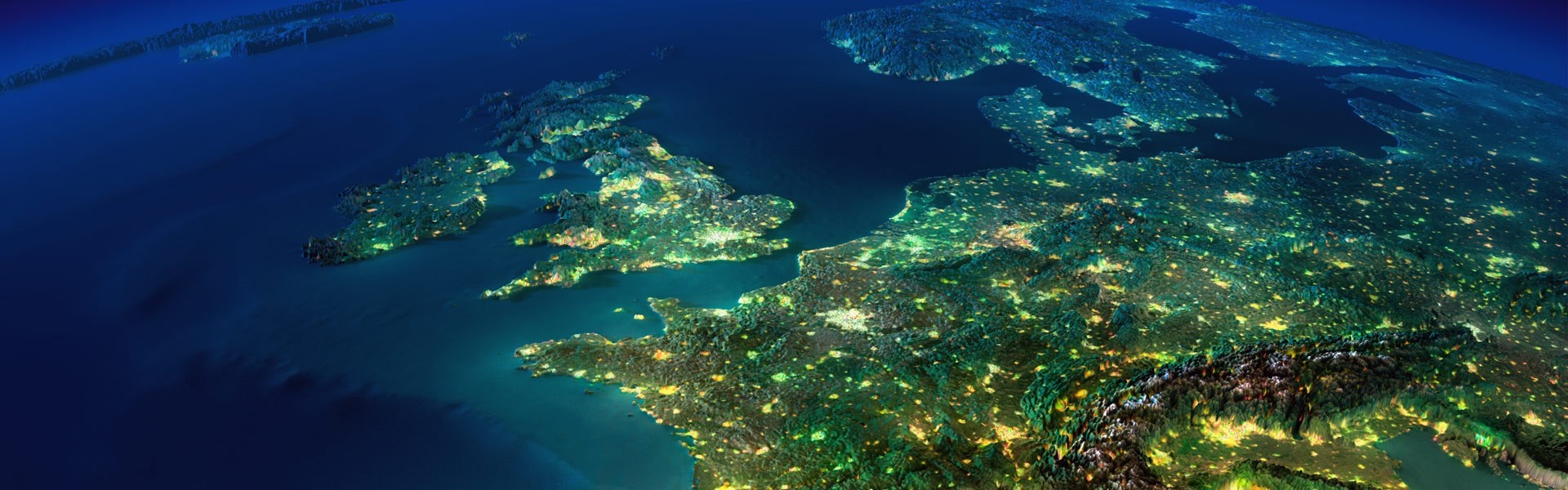 A map of the UK and Northern Europe from above with city lights 