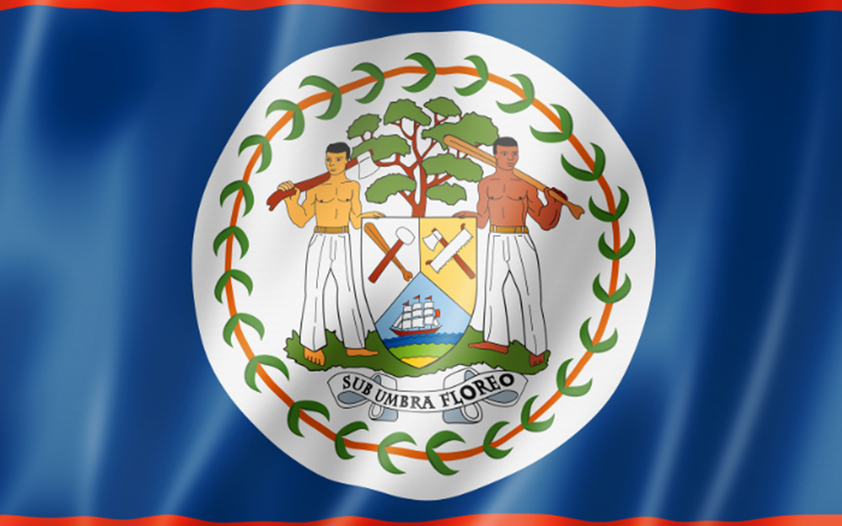 A close-up image of the blue and red flag of Belize
