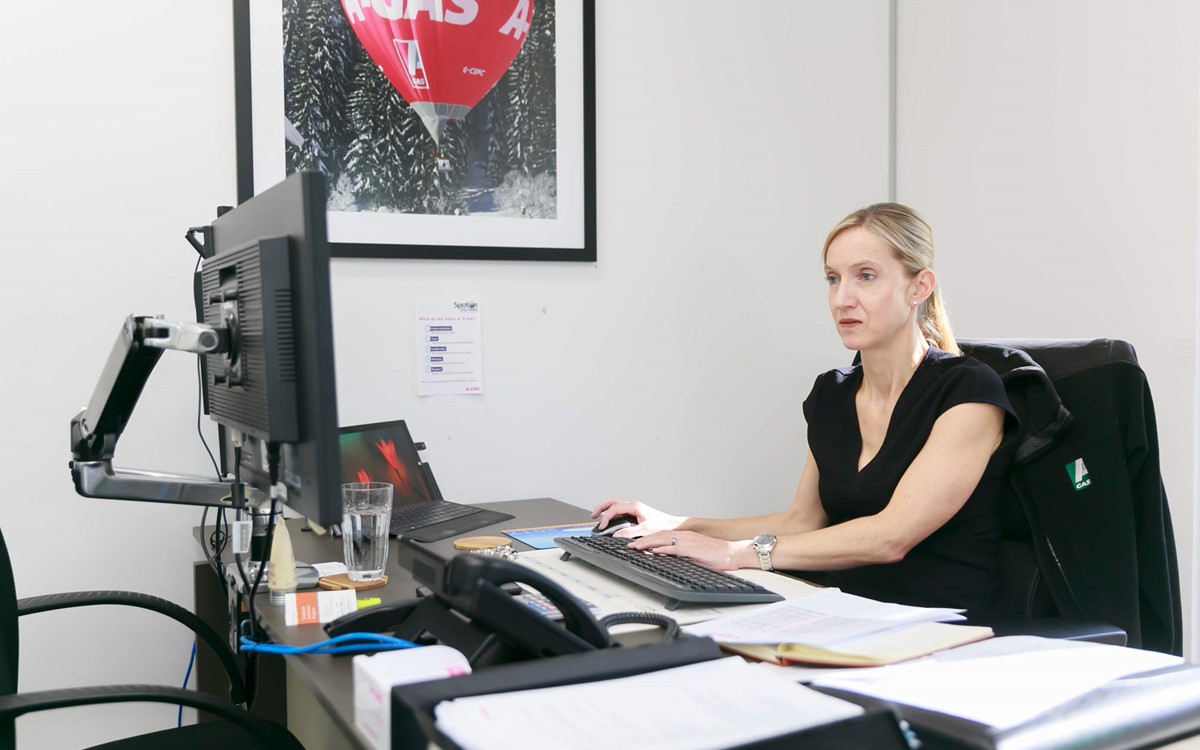 A woman sat at her desk using the computer