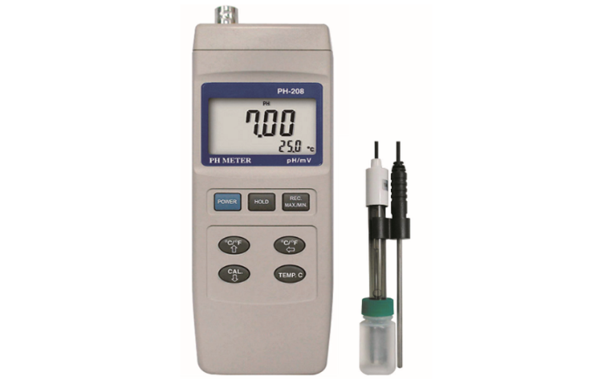 A grey water quality tester on a white background