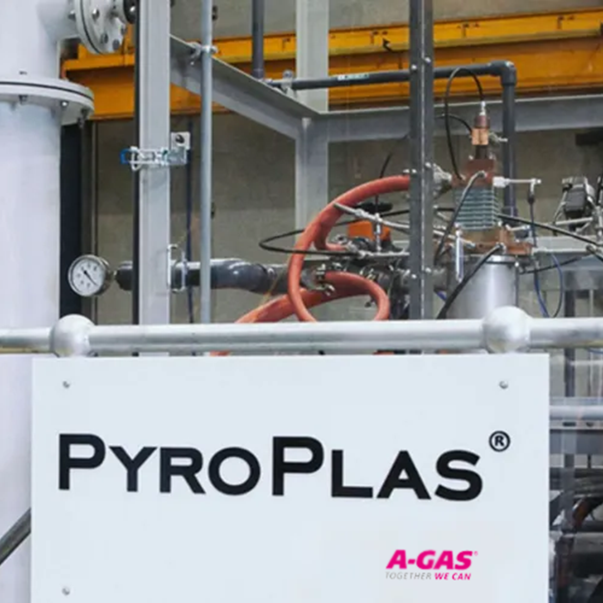 An image of a white sign with PyroPlas and the A-Gas logo on it