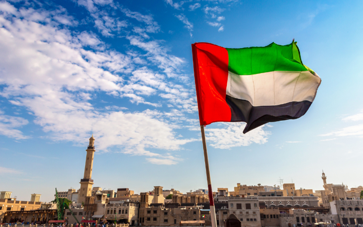 A close-up of a red, white, green and black flag with a city in the background