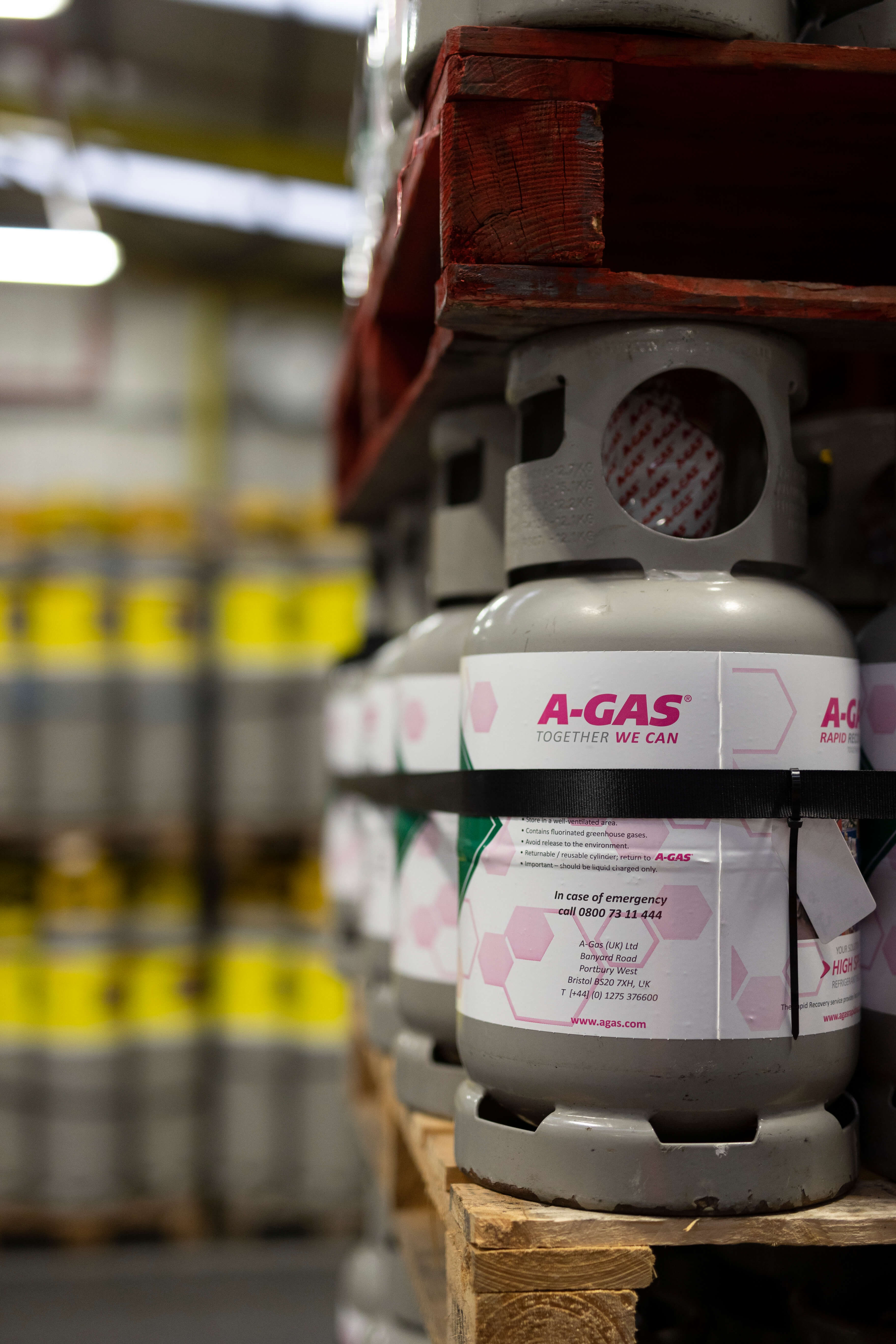 industrial gas cylinders on pallets in warehouse