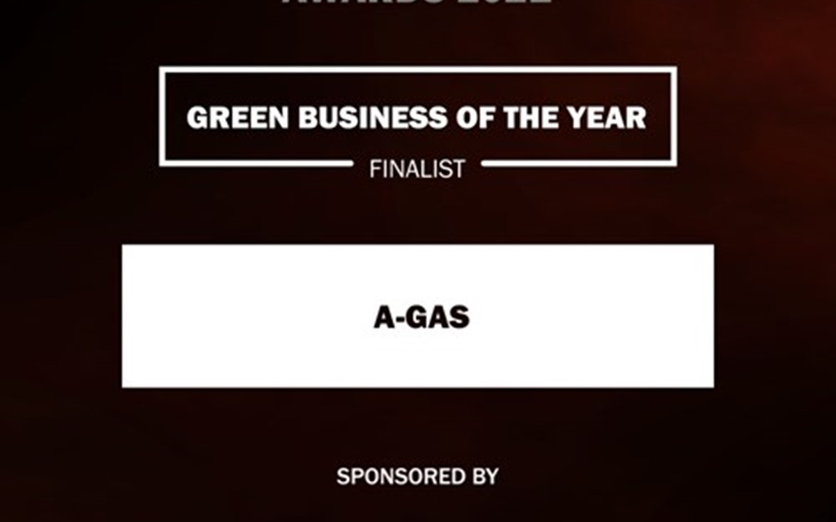 A graphic featuring the Business Leader Awards 2021 logo and recognising A-Gas as a Green Business of the Year finalist