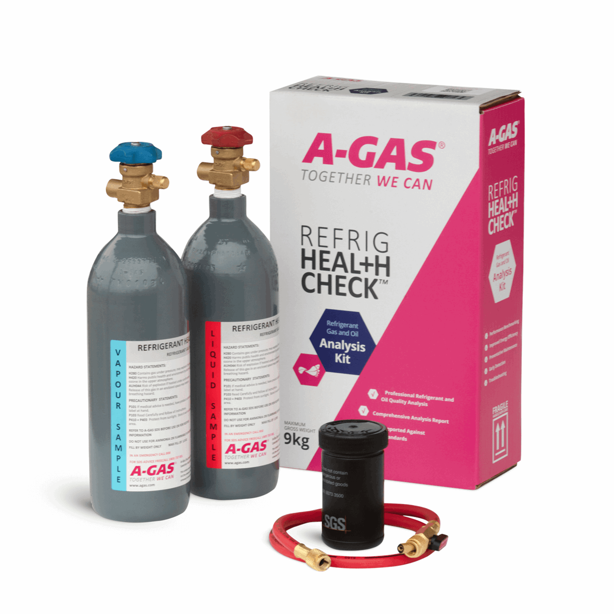 Two grey gas cylinders, a pink and white A-Gas box, a black tube and red wire on a white background