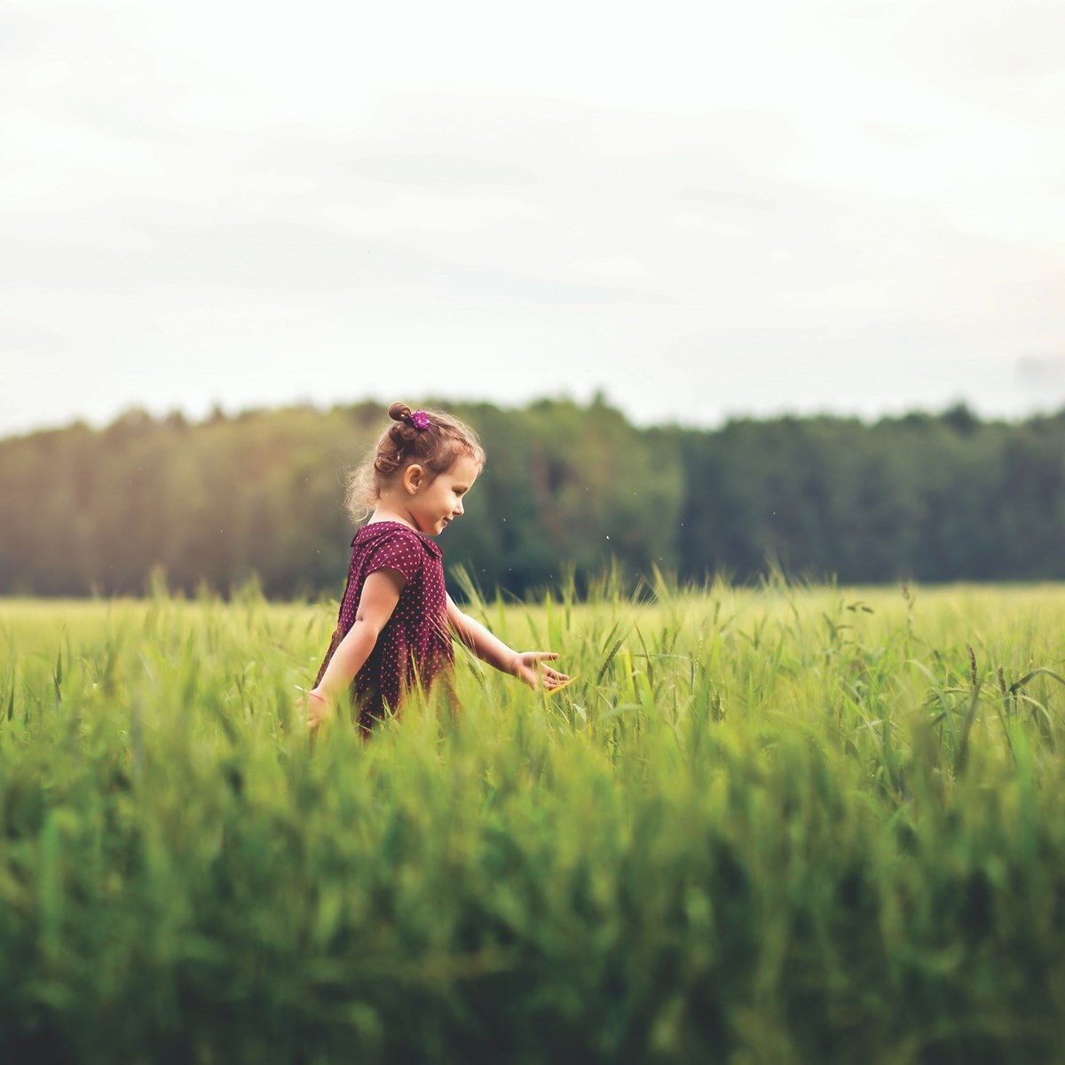 young girl walking left to right through a green field with forest in background