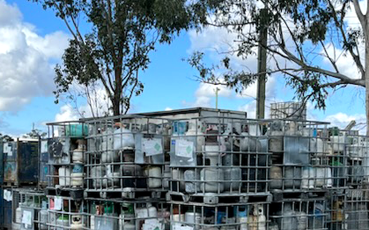 Metal crates filled with gas cylinders