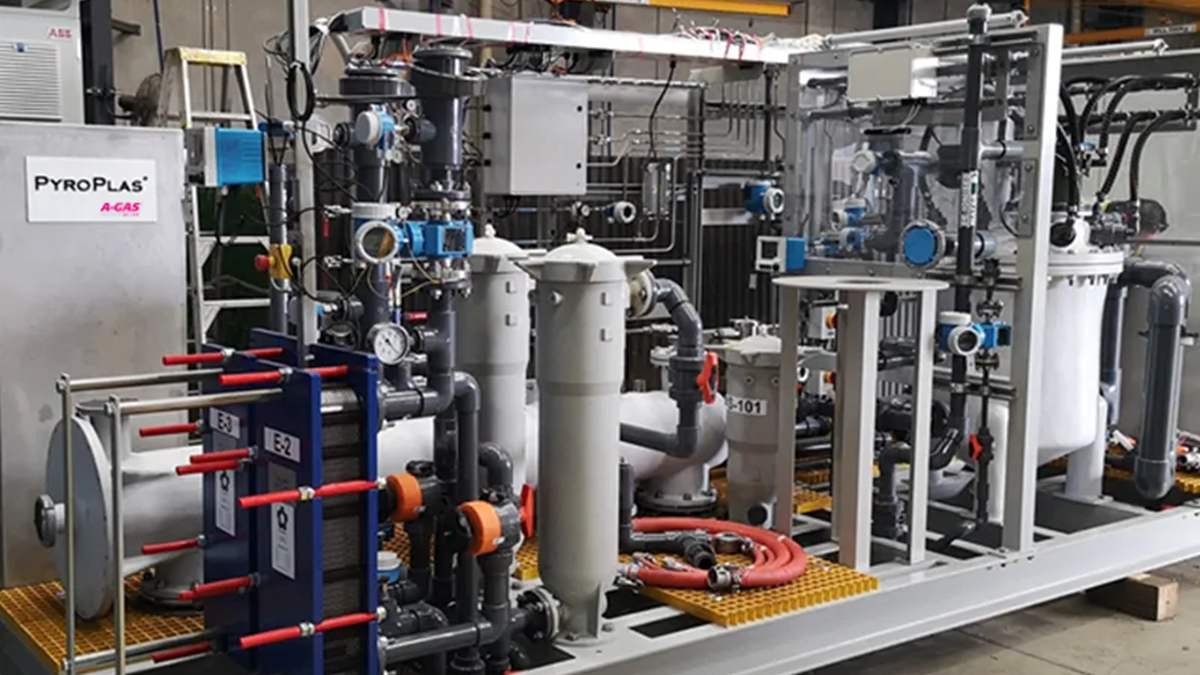 An image of a Pyroplas destruction unit, there is a small sign on the destruction unit with PyroPlas and the A-Gas logo on it