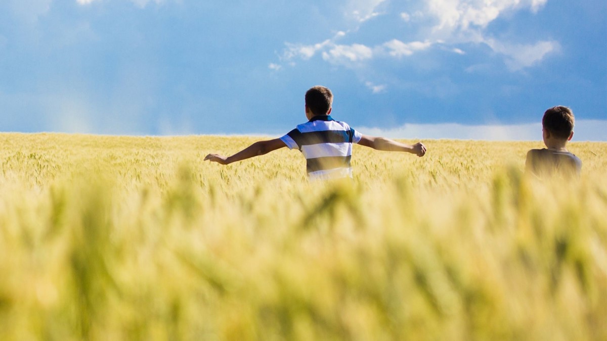 Two young boys run through a field of long grasses with their arms outstretched, above them large fluffy clouds fill the sky.